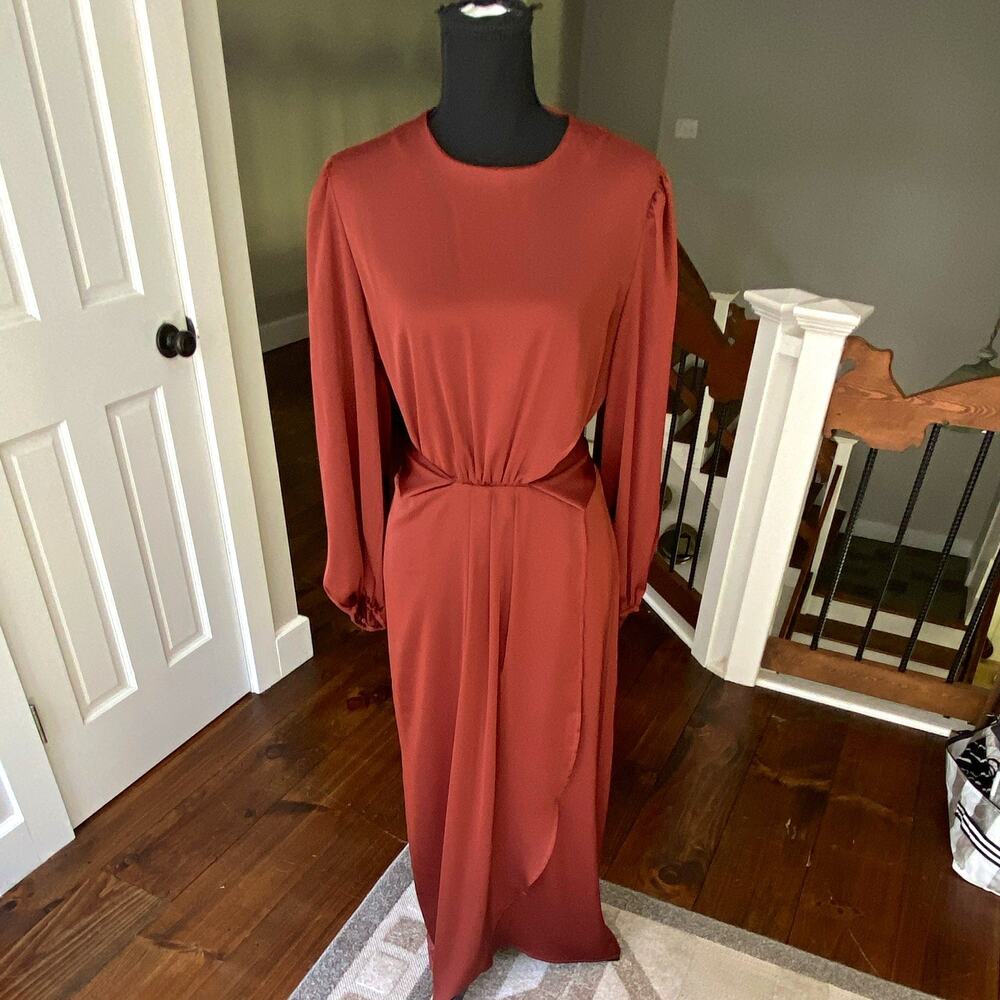 Fashion Collection Women’s Brown Satin Maxi Dress Crew Neck Tie Zip Size M